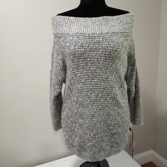 EXPRESS OFF THE SHOULDER MOTTLED GREY CHUNKY KNIT SWEATER WOMEN SIZE L - Picture 1 of 6
